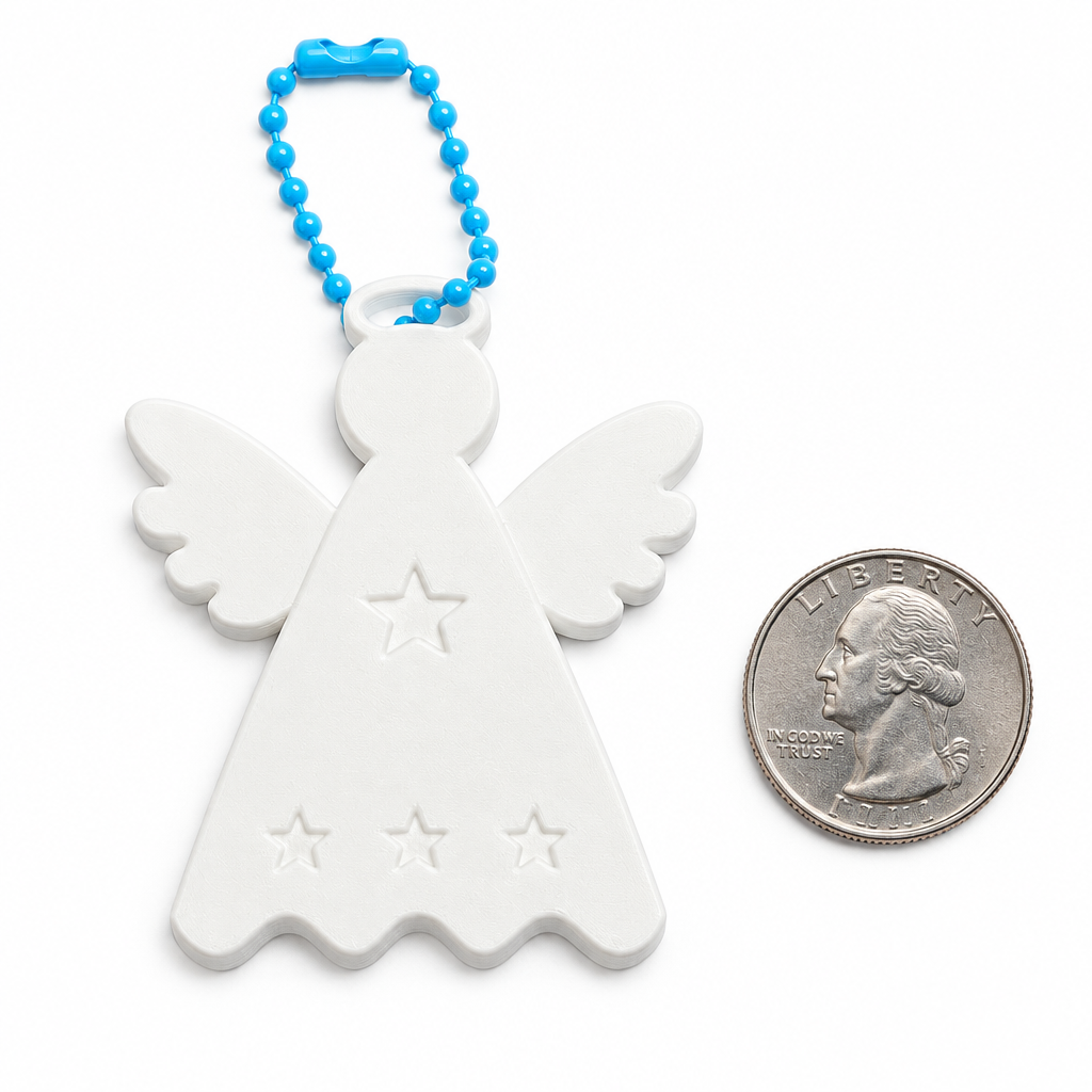 3D Printed Angel Keychain with Wings & Stars – White Angel Bag Charm for Keys and Bags