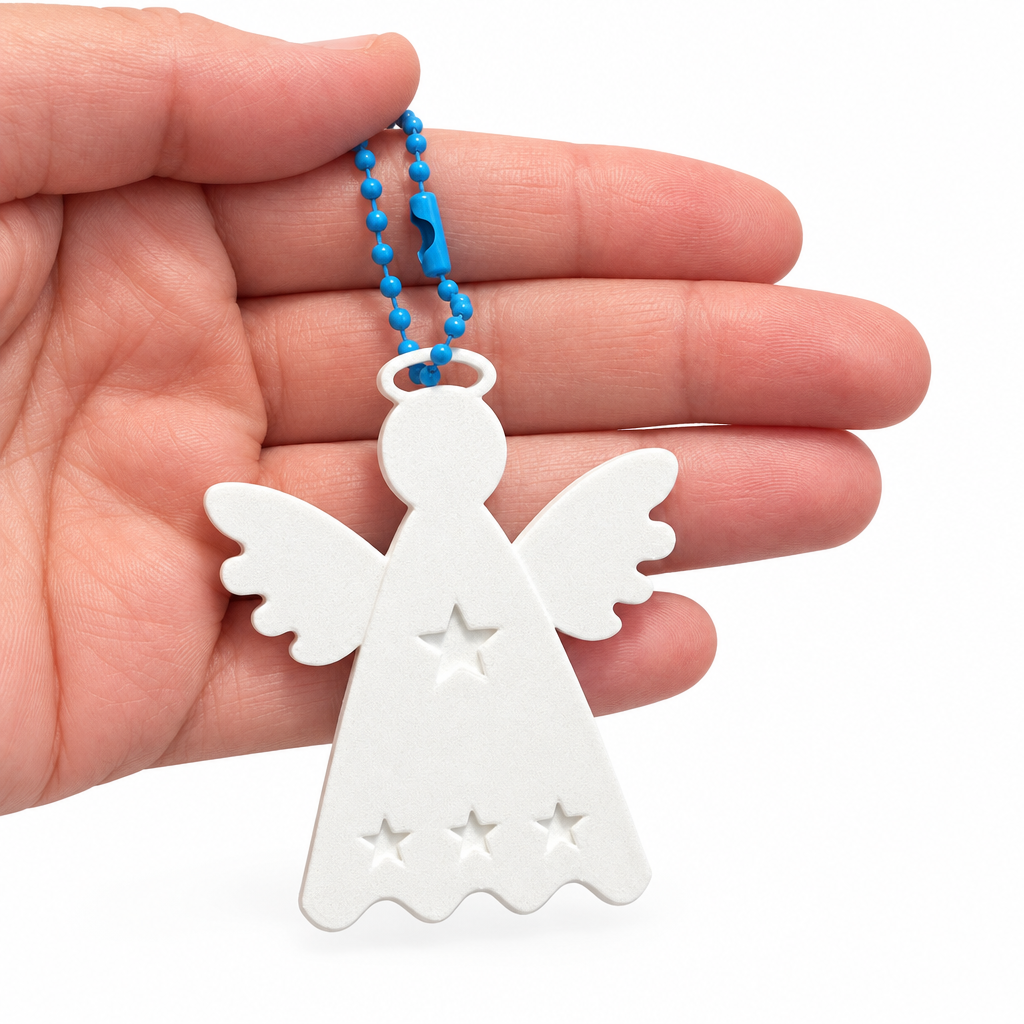 3D Printed Angel Keychain with Wings & Stars – White Angel Bag Charm for Keys and Bags