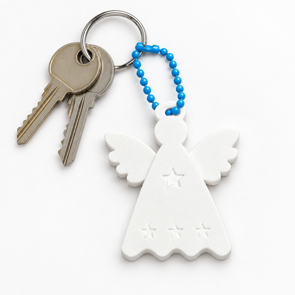 3D Printed Angel Keychain with Wings & Stars – White Angel Bag Charm for Keys and Bags