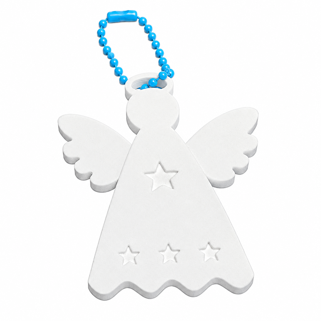 3D Printed Angel Keychain with Wings & Stars – White Angel Bag Charm for Keys and Bags