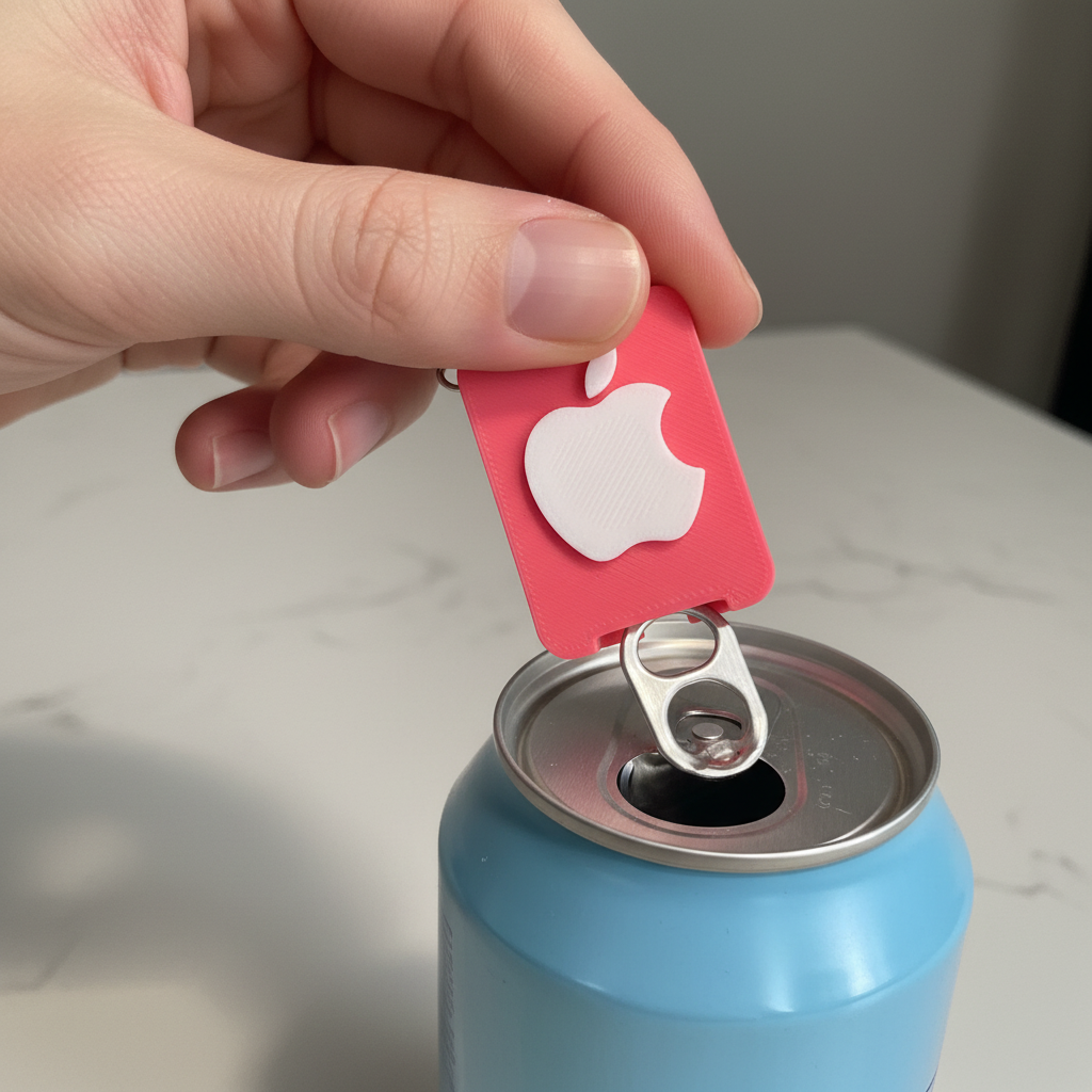 Hand using pink 3D printed bottle opener keychain to open a soda can