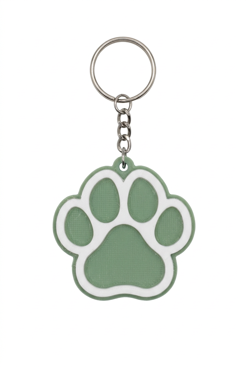 Front view of sage green and white 3D printed paw keychain