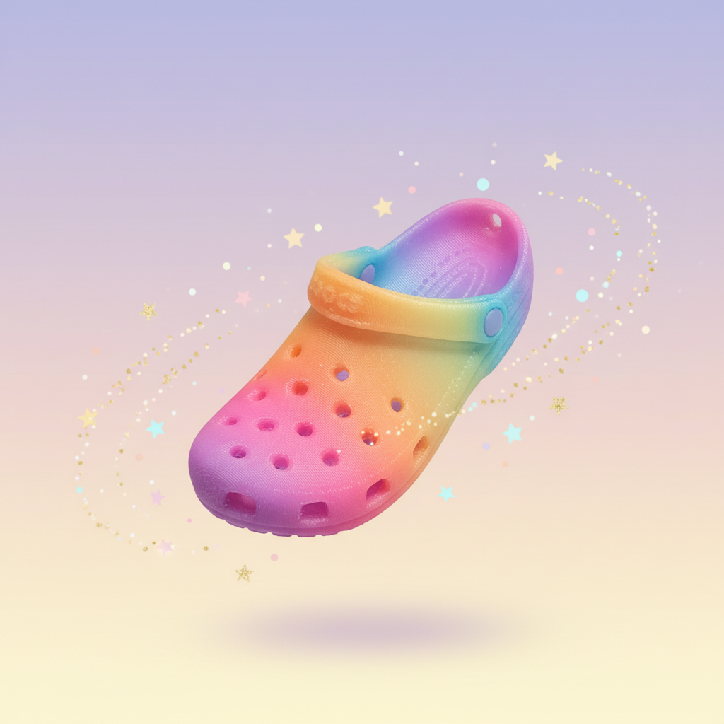 Rainbow clog keychain advertisement