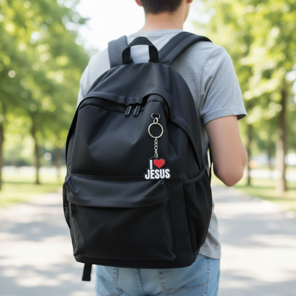 I Love Jesus Keychain pendurado na mochila
