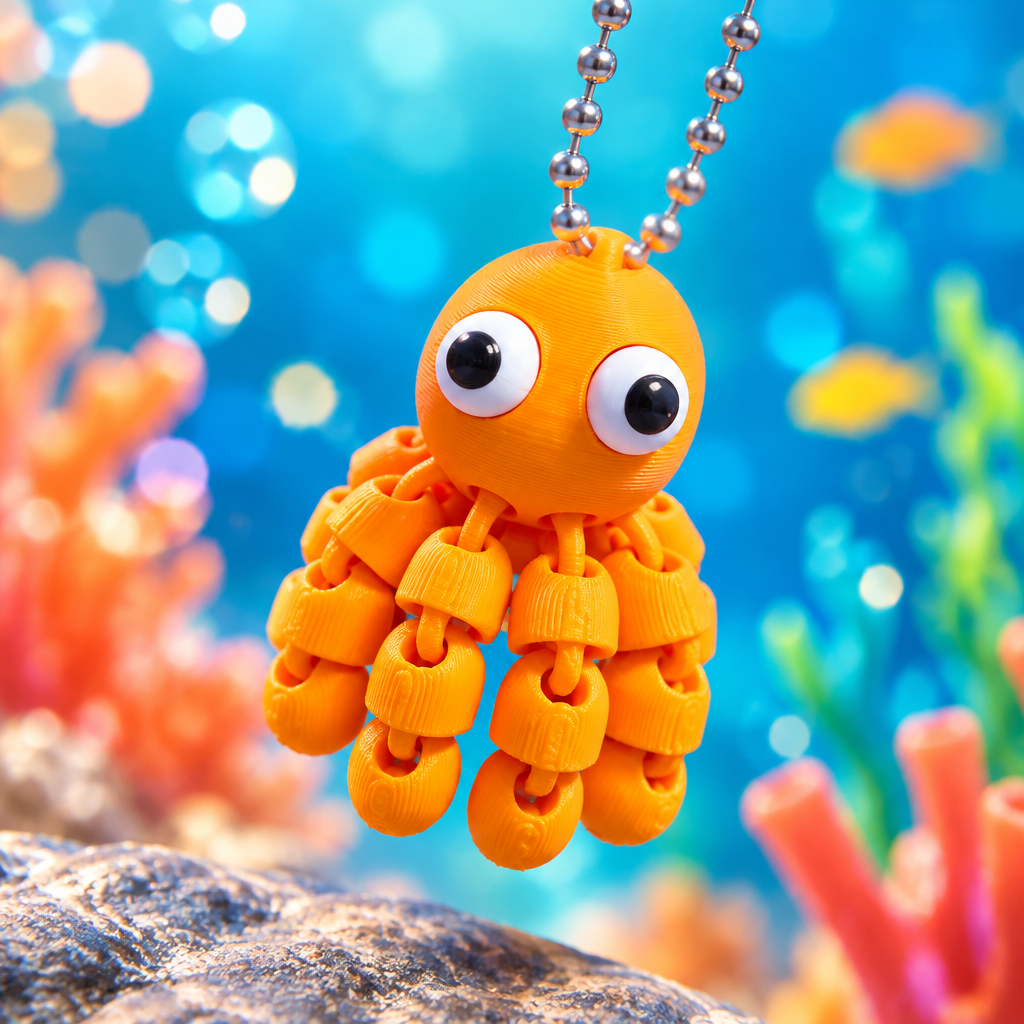 Colorful ocean themed scene with orange articulated octopus keychain