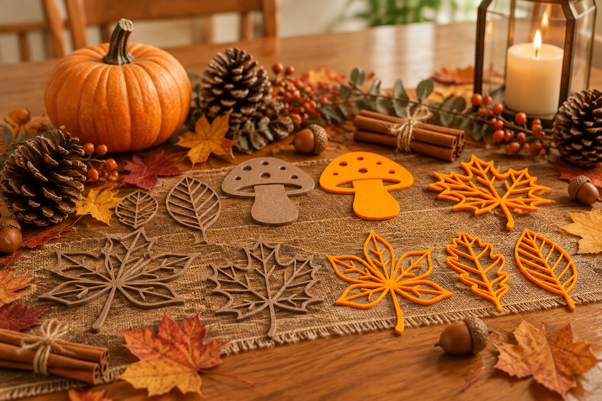 Fall table decoration scene styled with the 3D printed leaves and mushrooms