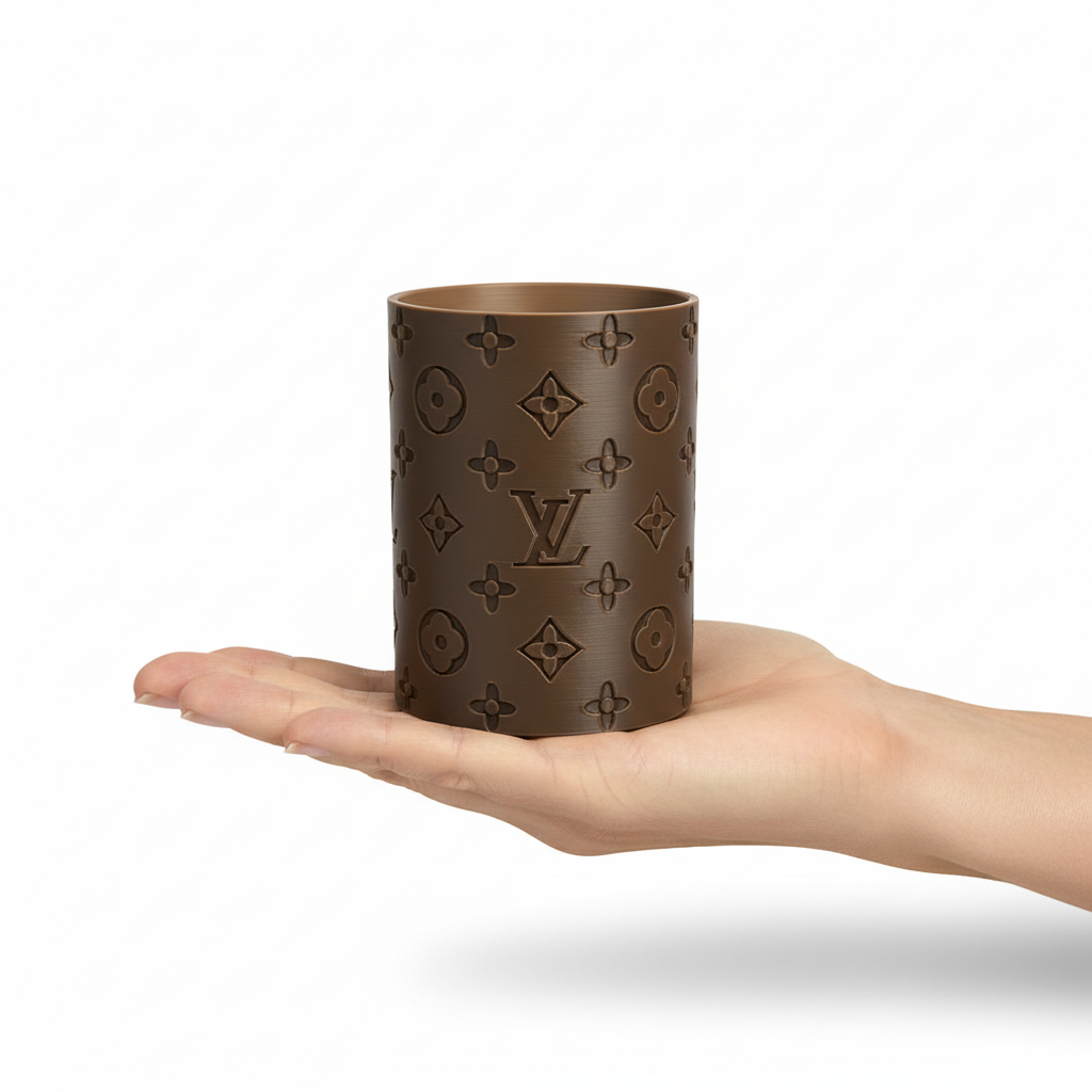 3D-printed makeup brush holder shown in the palm of a hand for scale