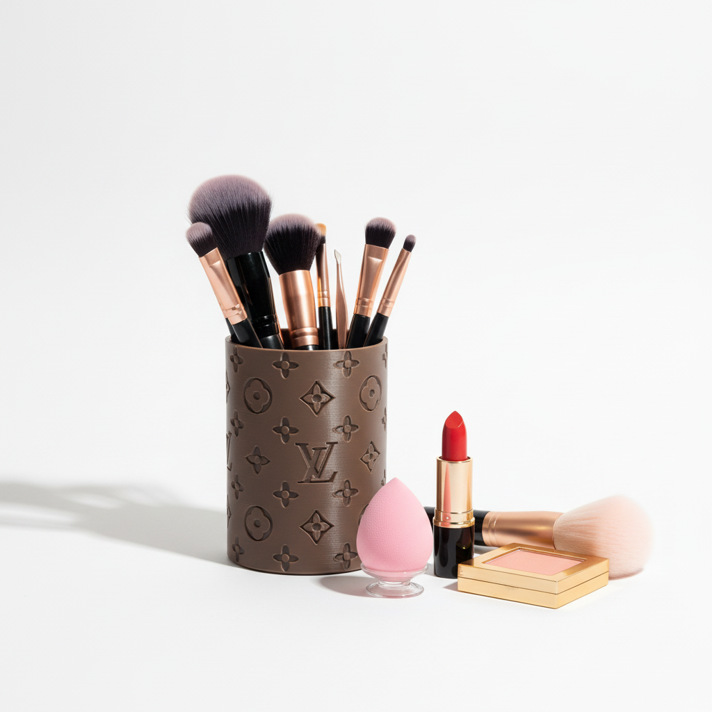3D-printed makeup brush holder filled with makeup brushes and beauty products