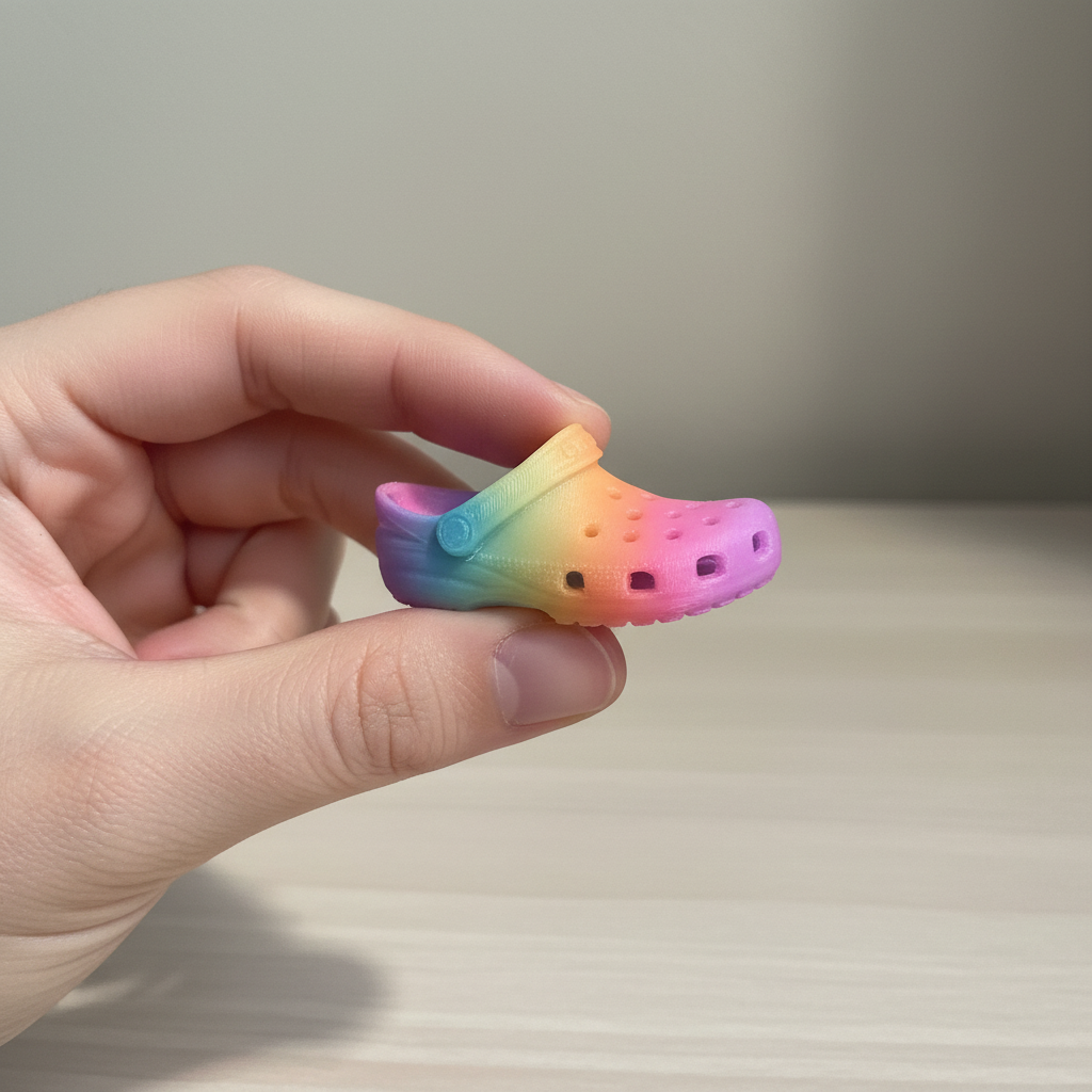 Rainbow clog keychain held in hand