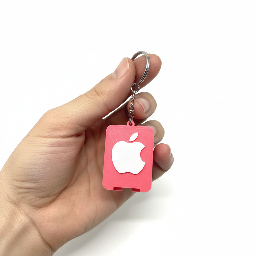 Hand holding pink 3D printed bottle opener keychain on white background