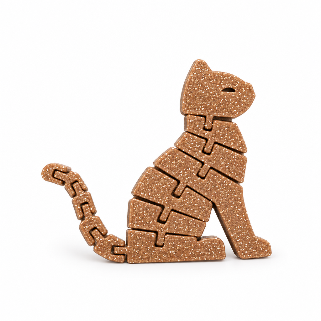 Articulated copper glitter keychain on white background