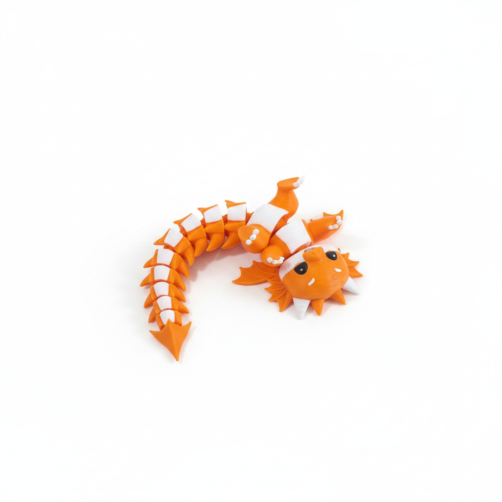3D printed articulated dragon fidget toy in orange and white, curled pose on a white background