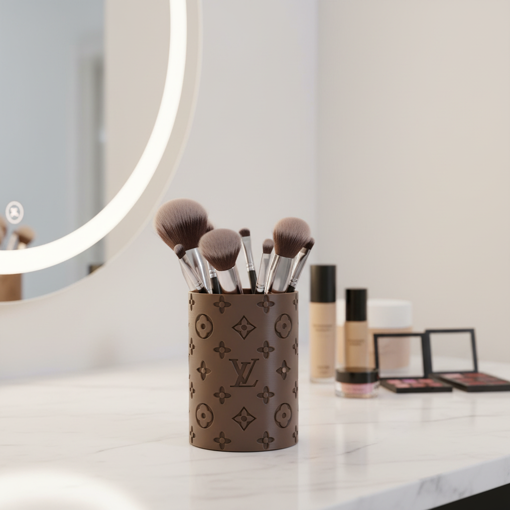 3D-printed makeup brush holder on a professional beauty salon makeup station