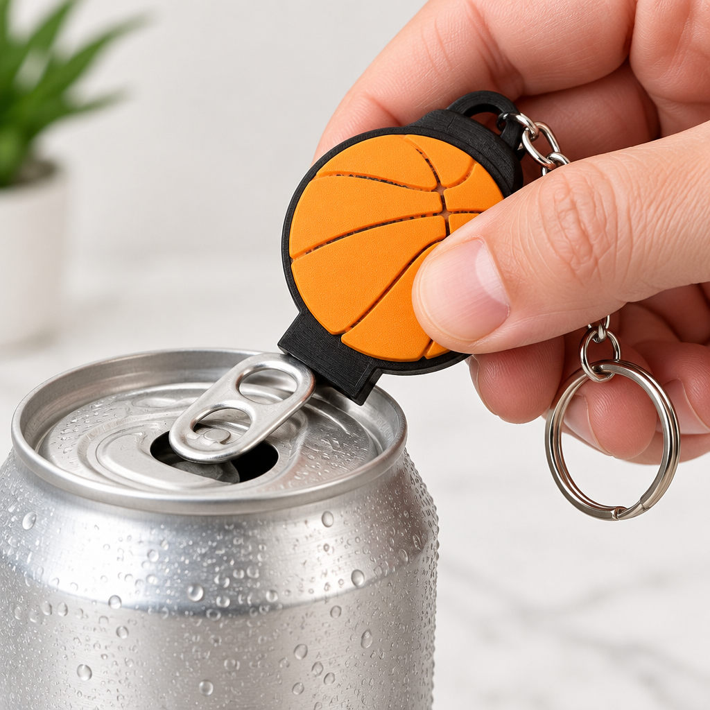 Basketball keychain lifting a soda can tab