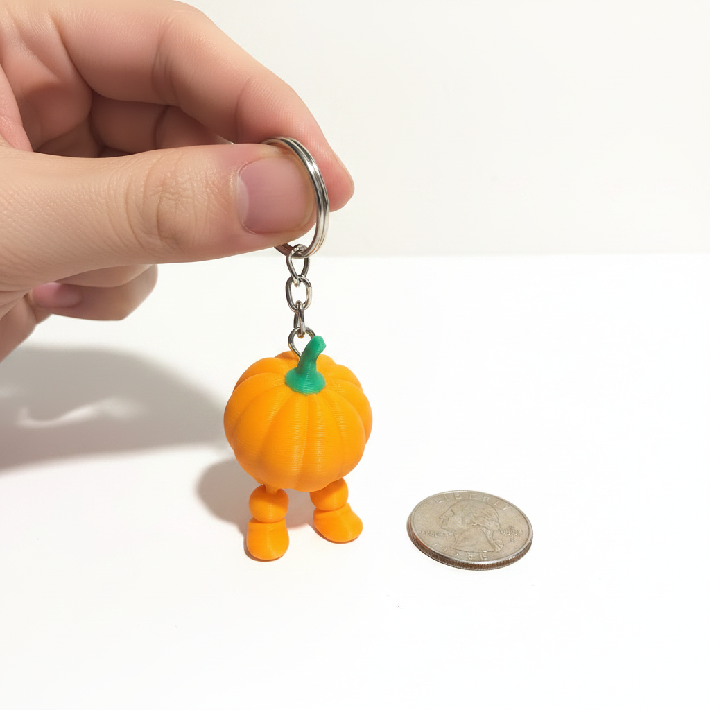 Pumpkin keychain held in hand with coin for scale