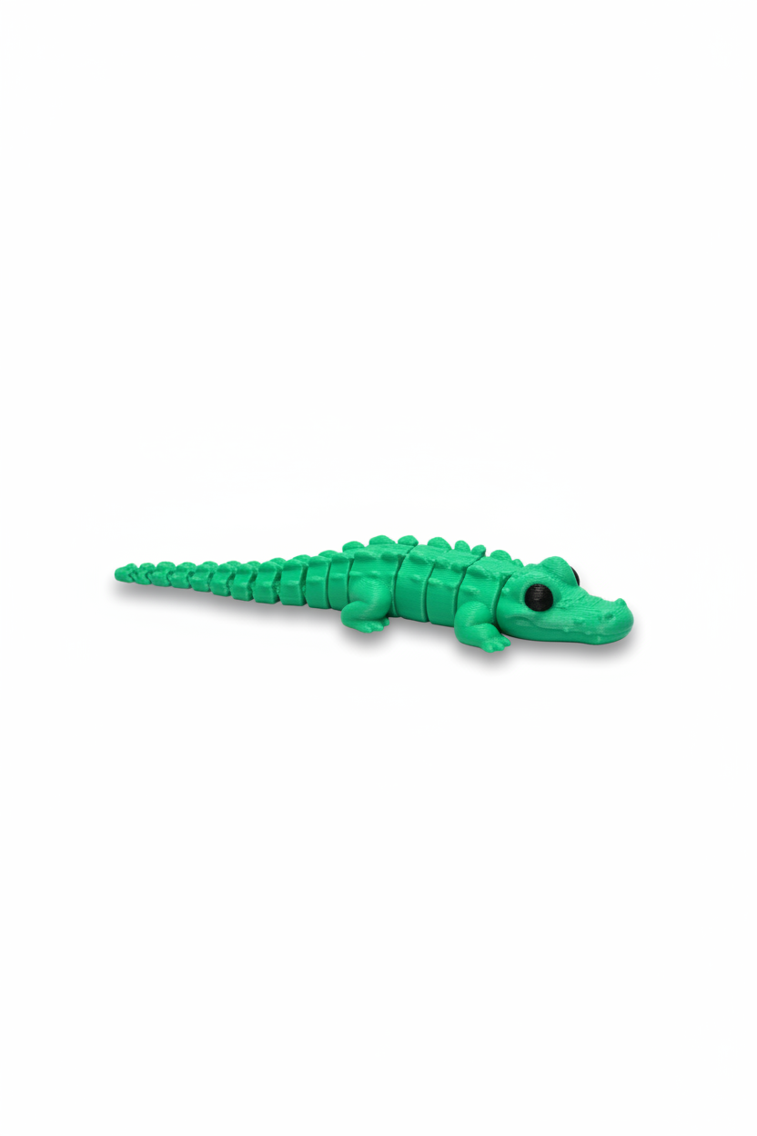 Mini green articulated 3D-printed alligator toy shown from the side on a white background