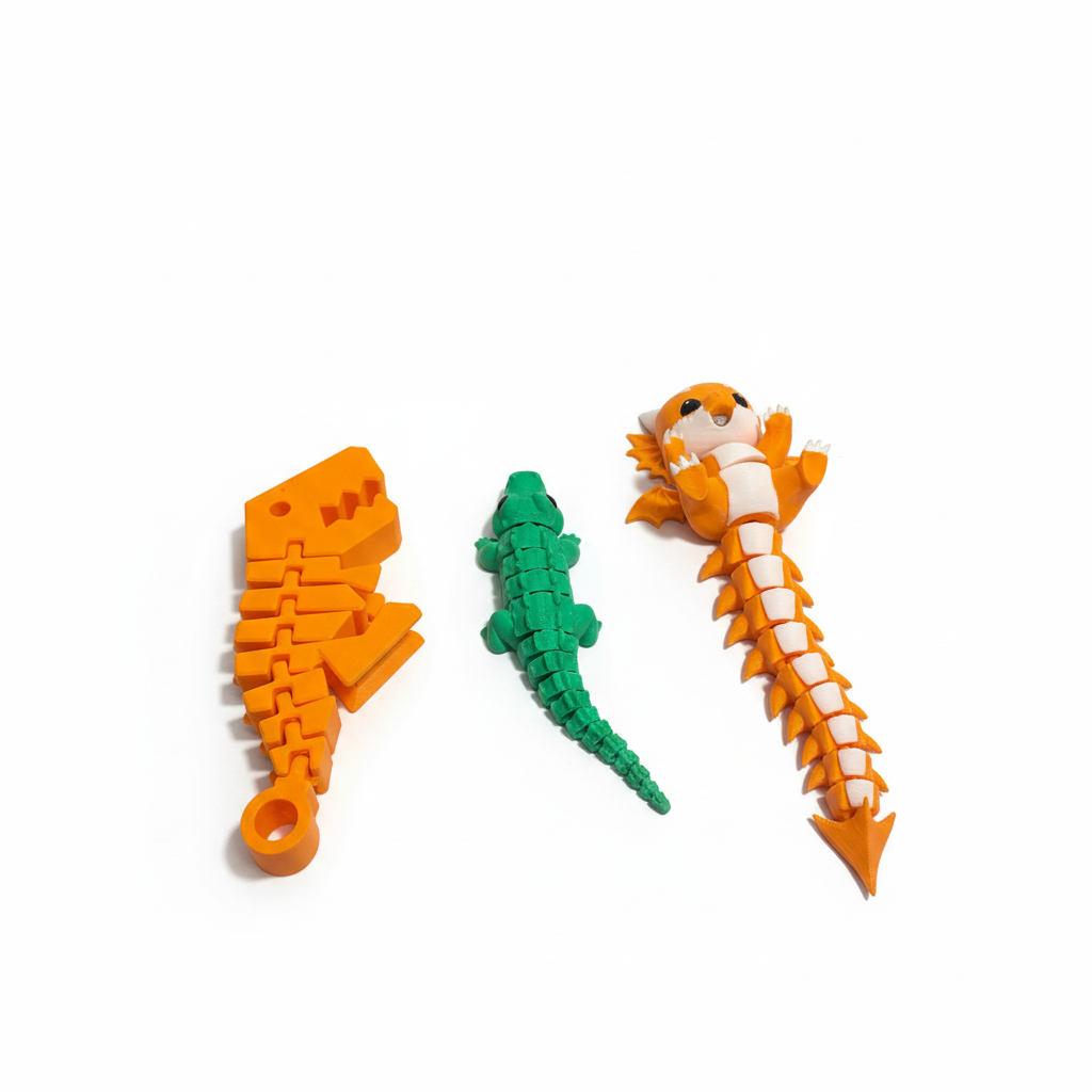 Three-piece 3D-printed articulated toy set with orange dinosaur skeleton, green alligator, and orange-and-white dragon on white