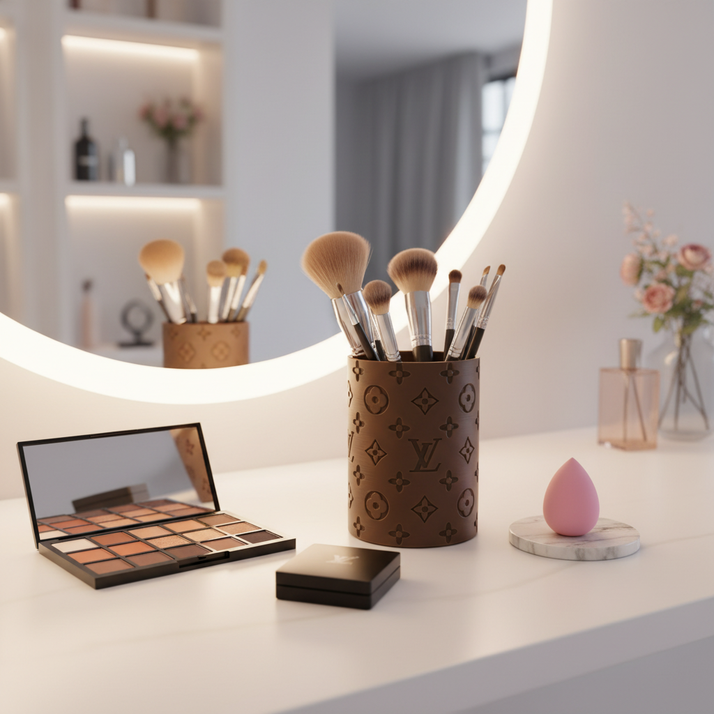 3D-printed makeup brush holder on a professional makeup artist table