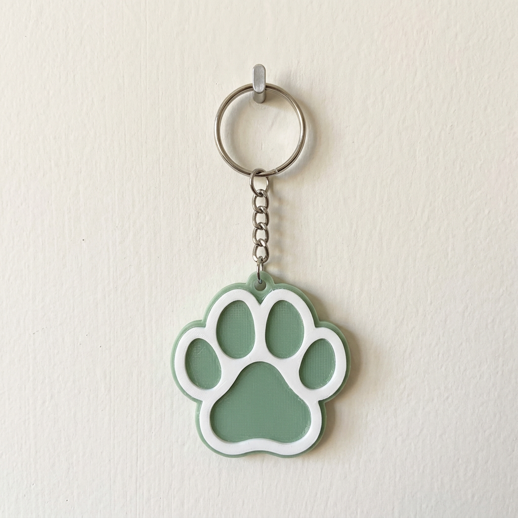 Sage green paw print keychain hanging from a wall hook