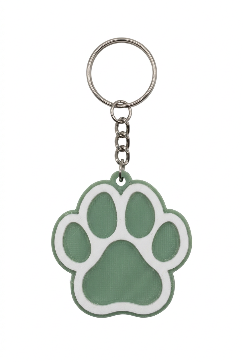 Sage green and white paw print keychain on a white background