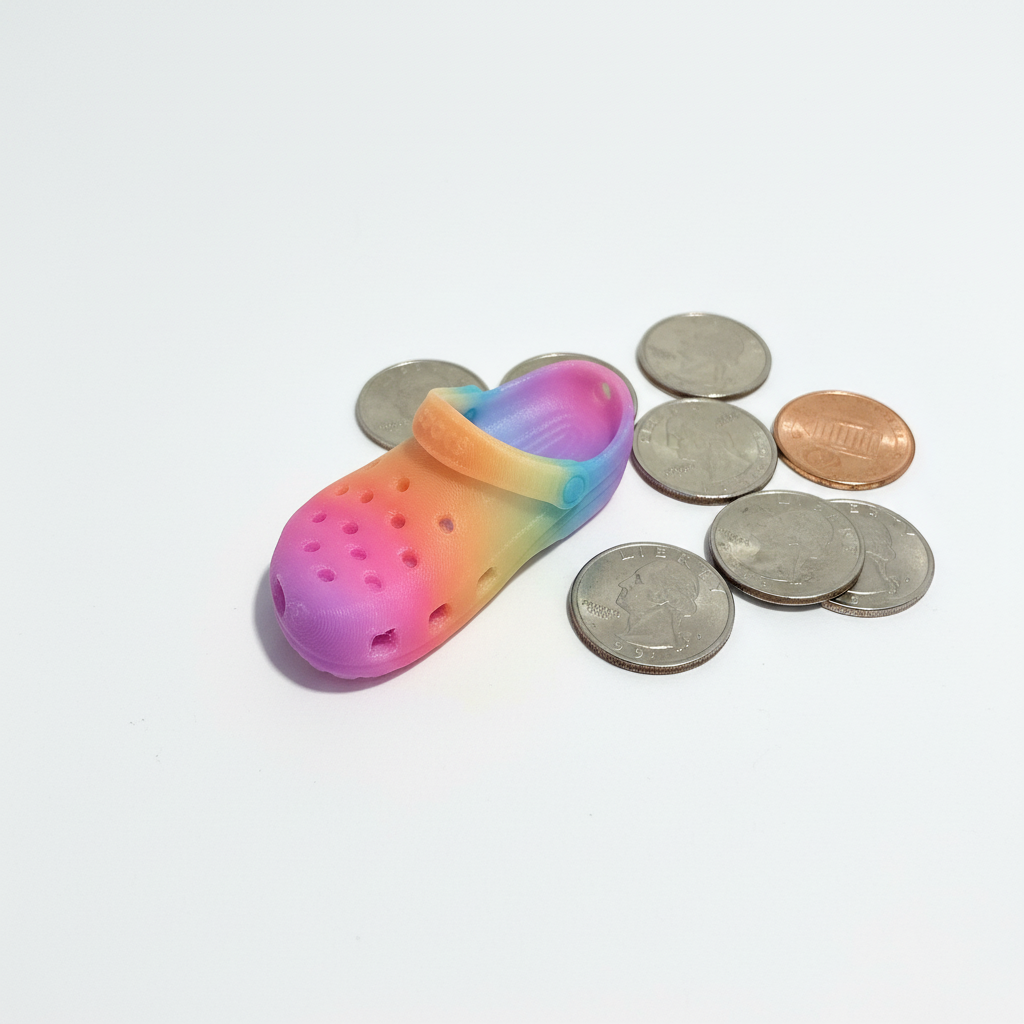 Rainbow clog keychain next to coins