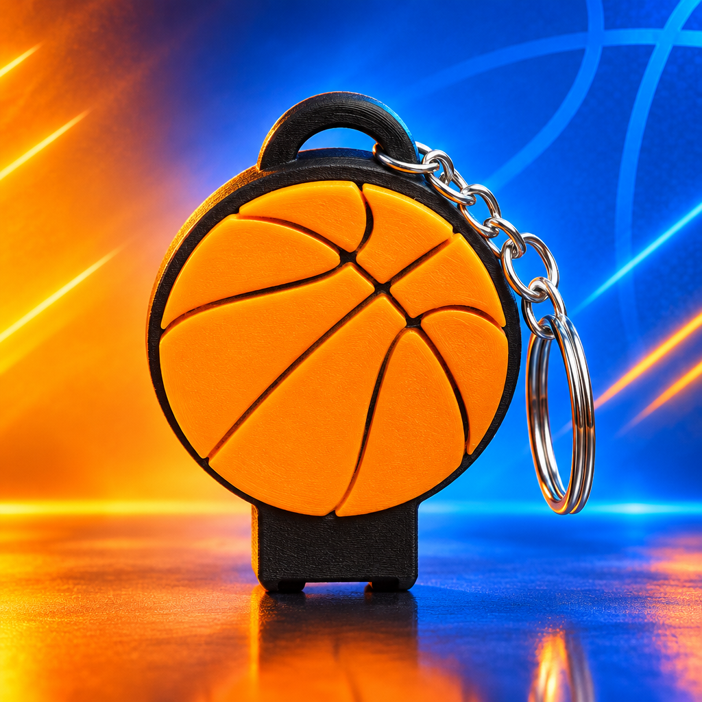 Orange basketball can opener keychain on a colorful sporty background
