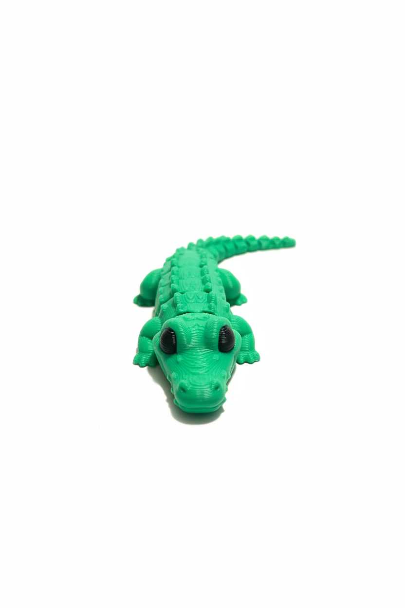 Mini green articulated 3D-printed alligator toy shown from the front on a white background