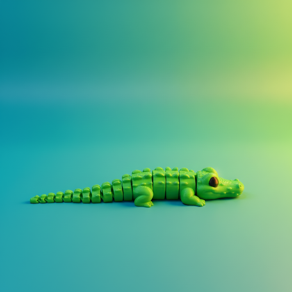 Mini green articulated alligator centered on a vibrant colorful background