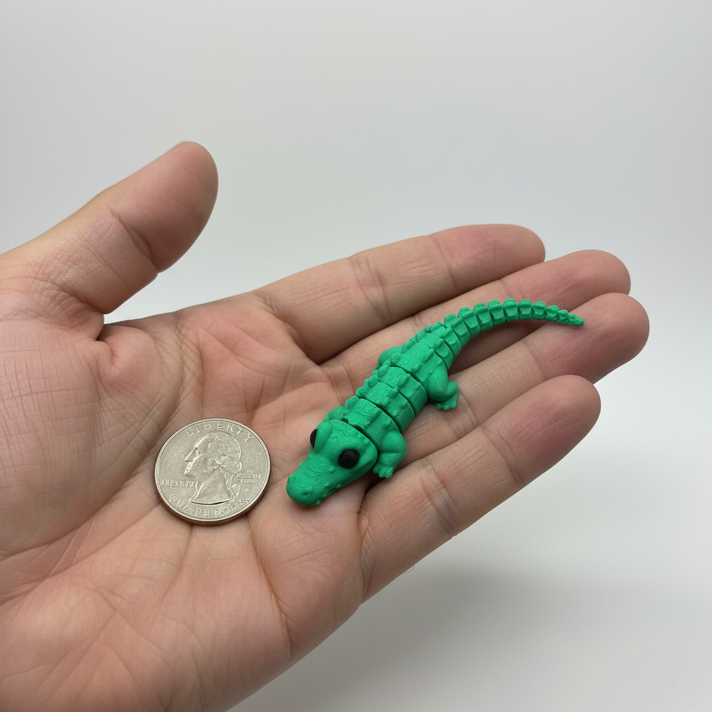 Mini green articulated alligator resting in a hand beside a US quarter for size comparison