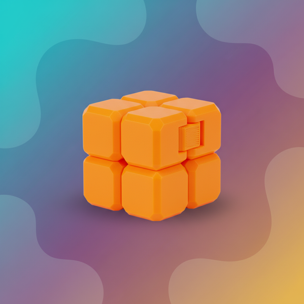 Articulated 3D-printed toy in a colorful background for a product advertisement
