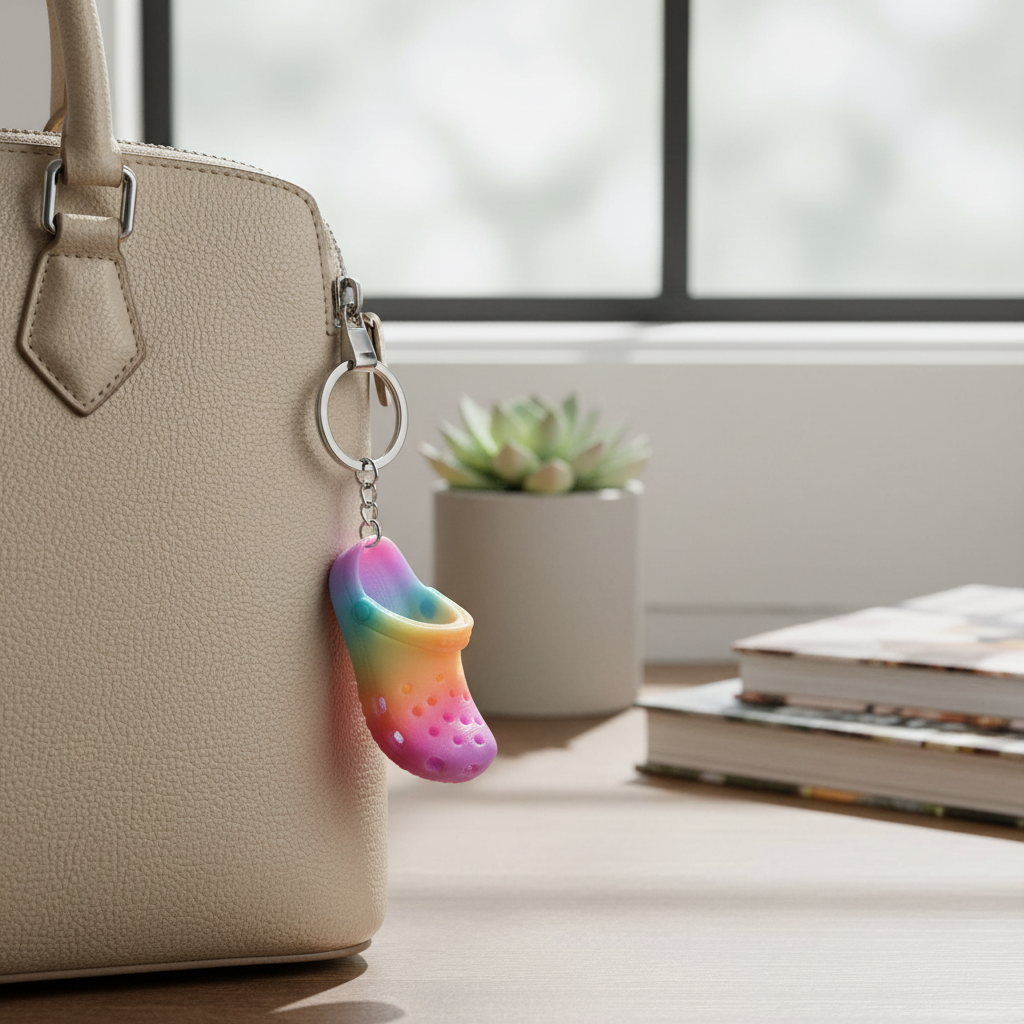 Rainbow clog keychain on bag
