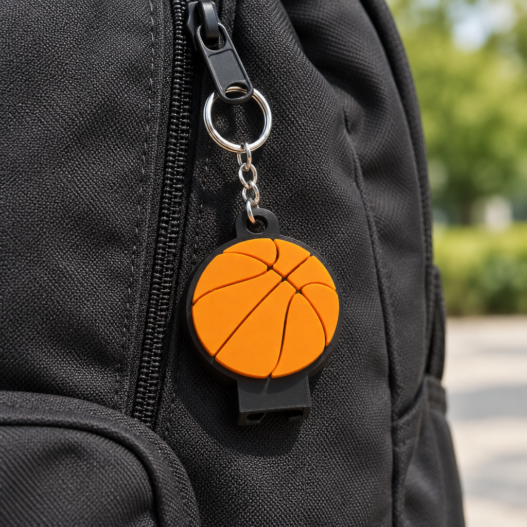 Basketball keychain attached to a backpack