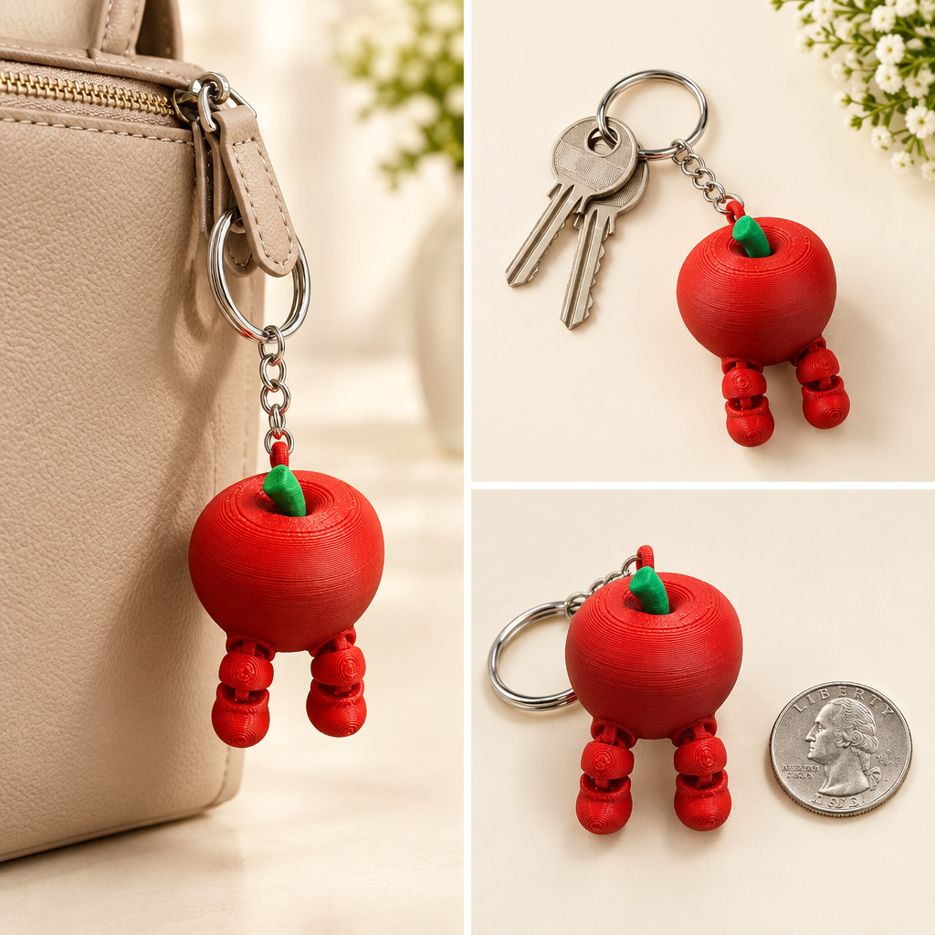 Red Apple Keychain 3D Printed Articulated Bag Charm Cute Teacher Gift Accessory