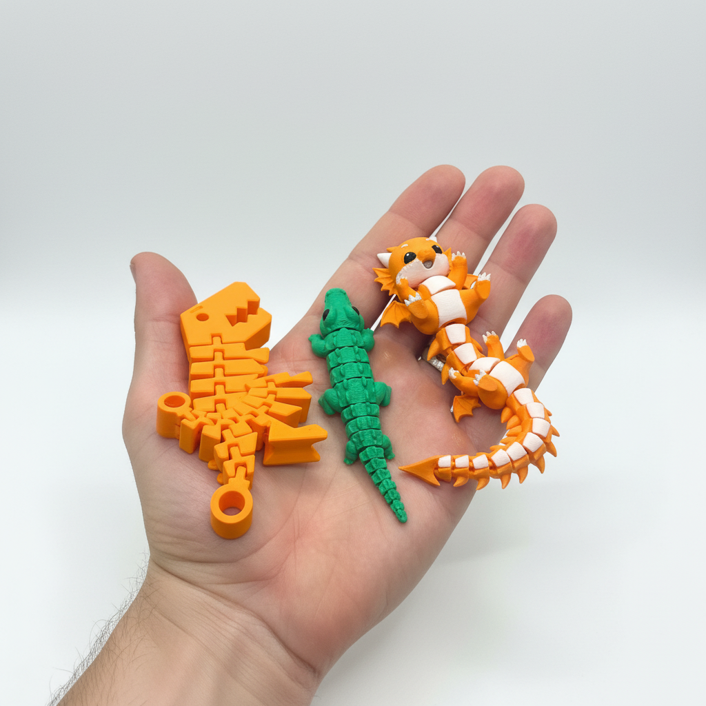 3 Piece Articulated Toy Set Orange T Rex Green Alligator and Orange White Baby Dragon