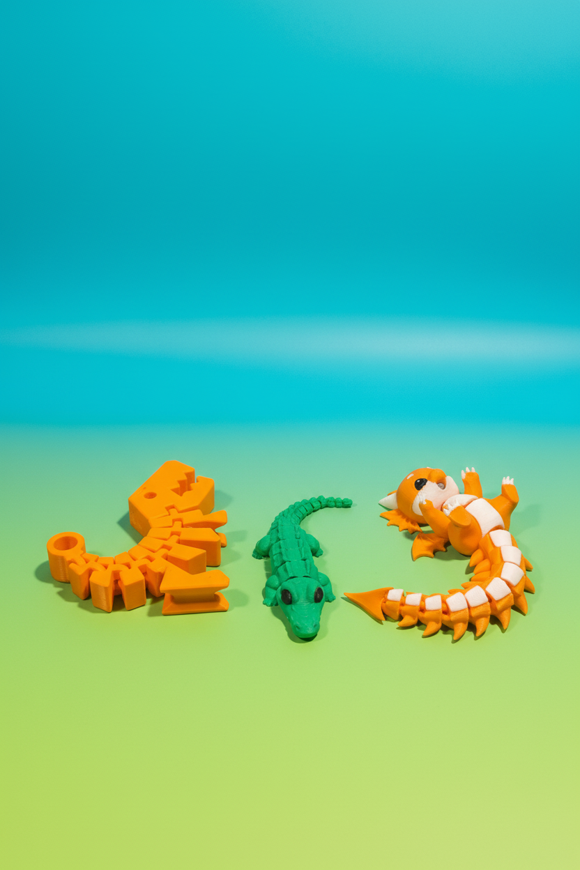 3 Piece Articulated Toy Set Orange T Rex Green Alligator and Orange White Baby Dragon