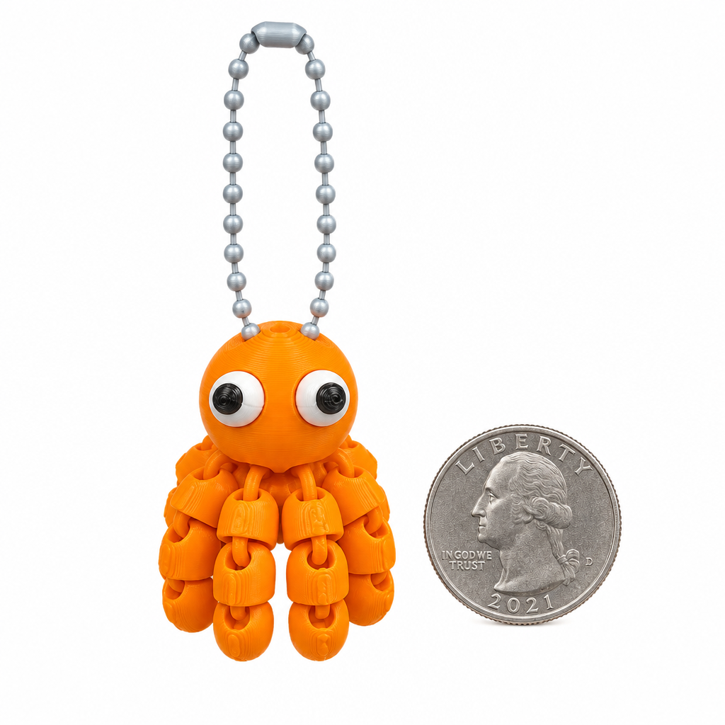 3D Printed Orange Octopus Keychain Articulated Flexi Fidget Toy Bag Charm Gift