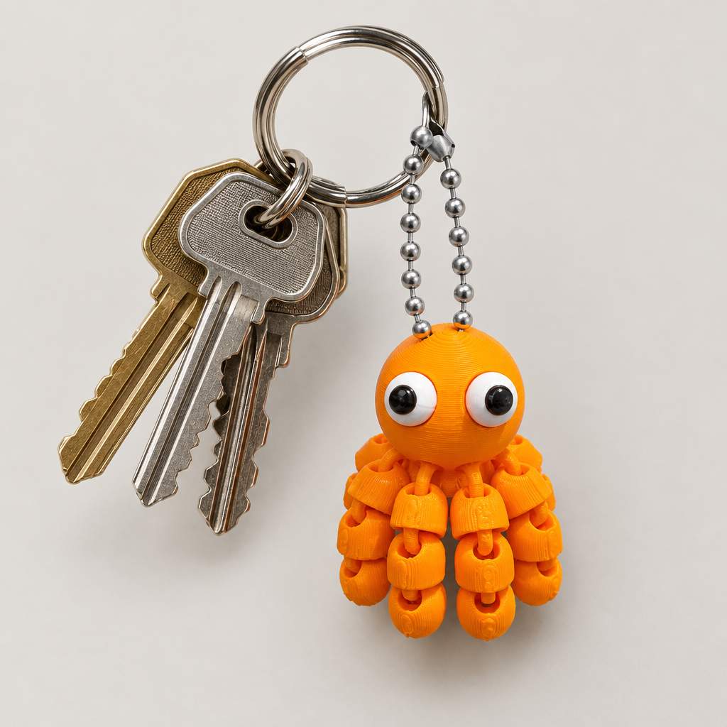 3D Printed Orange Octopus Keychain Articulated Flexi Fidget Toy Bag Charm Gift