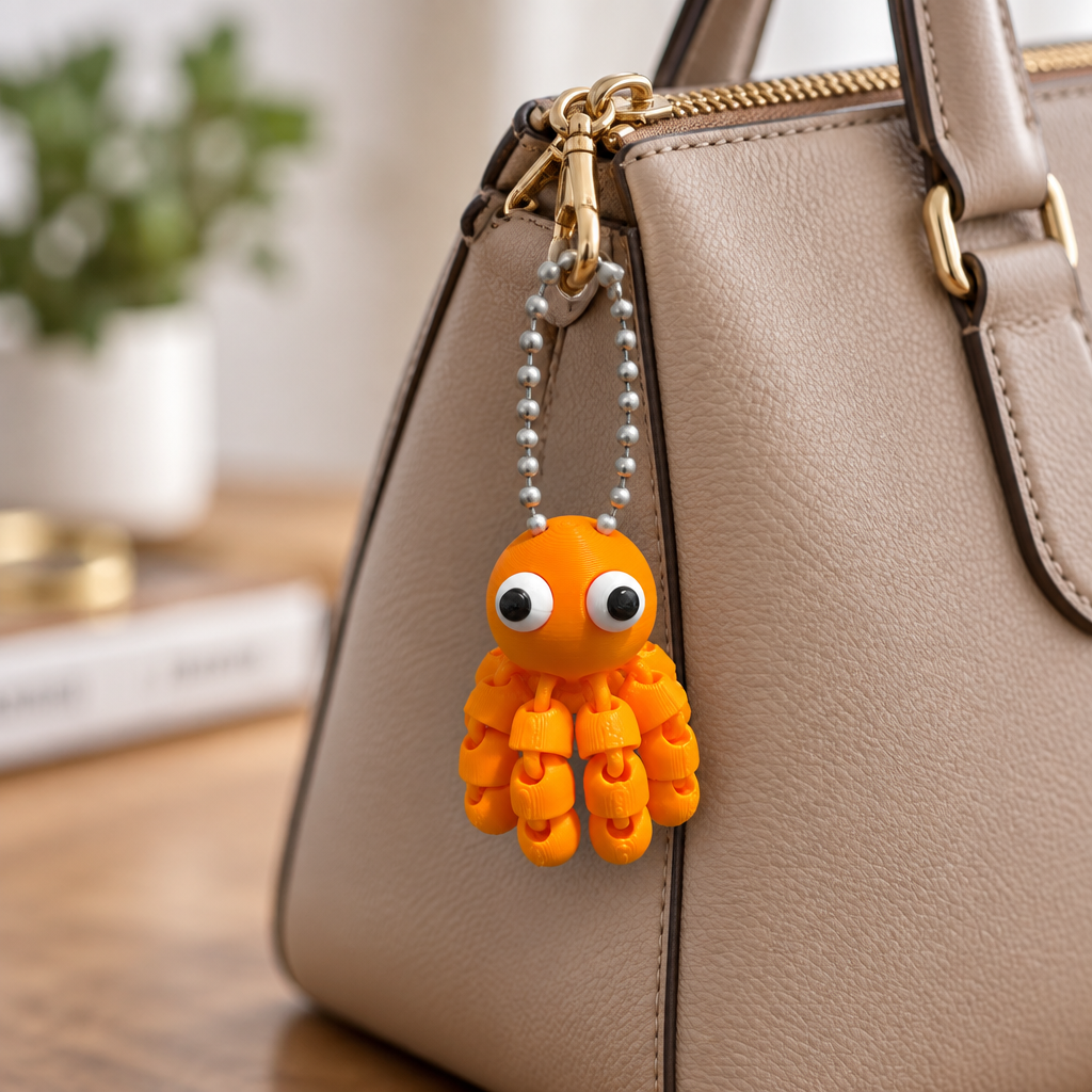 3D Printed Orange Octopus Keychain Articulated Flexi Fidget Toy Bag Charm Gift