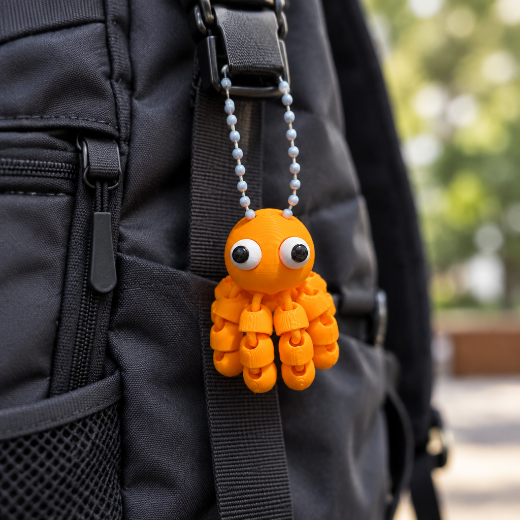 3D Printed Orange Octopus Keychain Articulated Flexi Fidget Toy Bag Charm Gift