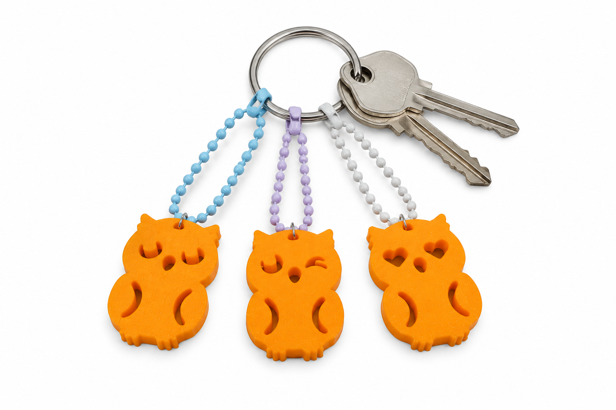 Owl Keychains Set of 3 Orange 3D Printed Bag Charms Cute Gift Accessories
